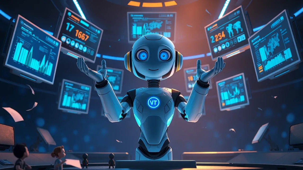 Agente IA Pixar 3D comandando theatralmente múltiplas telas flutuantes com luz azul elétrica em fundo azul marinho dramático