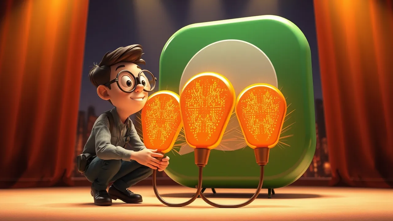 Personagem em estilo Pixar 3D conectando cabos em formato de balão de conversa em um ícone gigante de aplicativo de chat verde, com partículas alaranjadas voando.