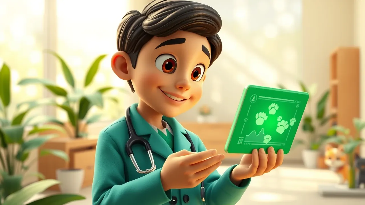 Veterinária usando tablet com dados de IA em clínica veterinária com animais de estimação ao fundo