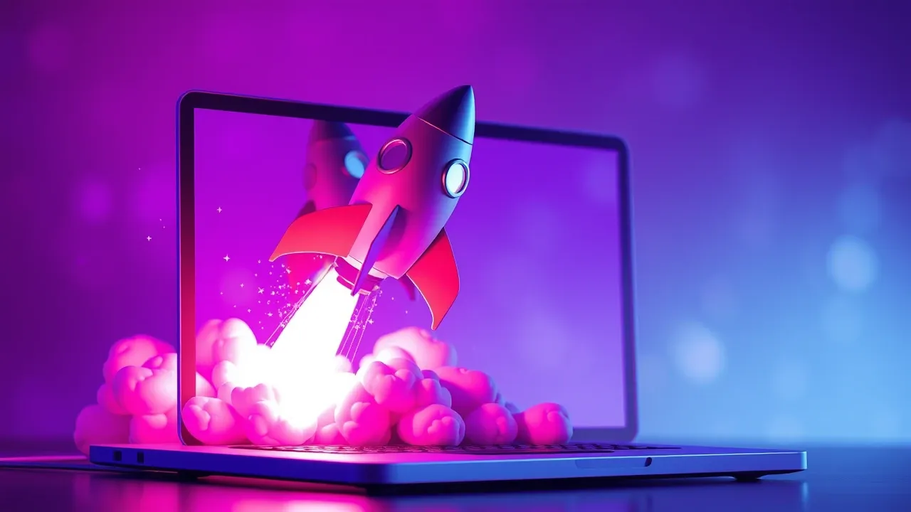 Foguete Pixar saindo de um laptop em tons violeta e magenta representando o crescimento acelerado de SaaS com IA