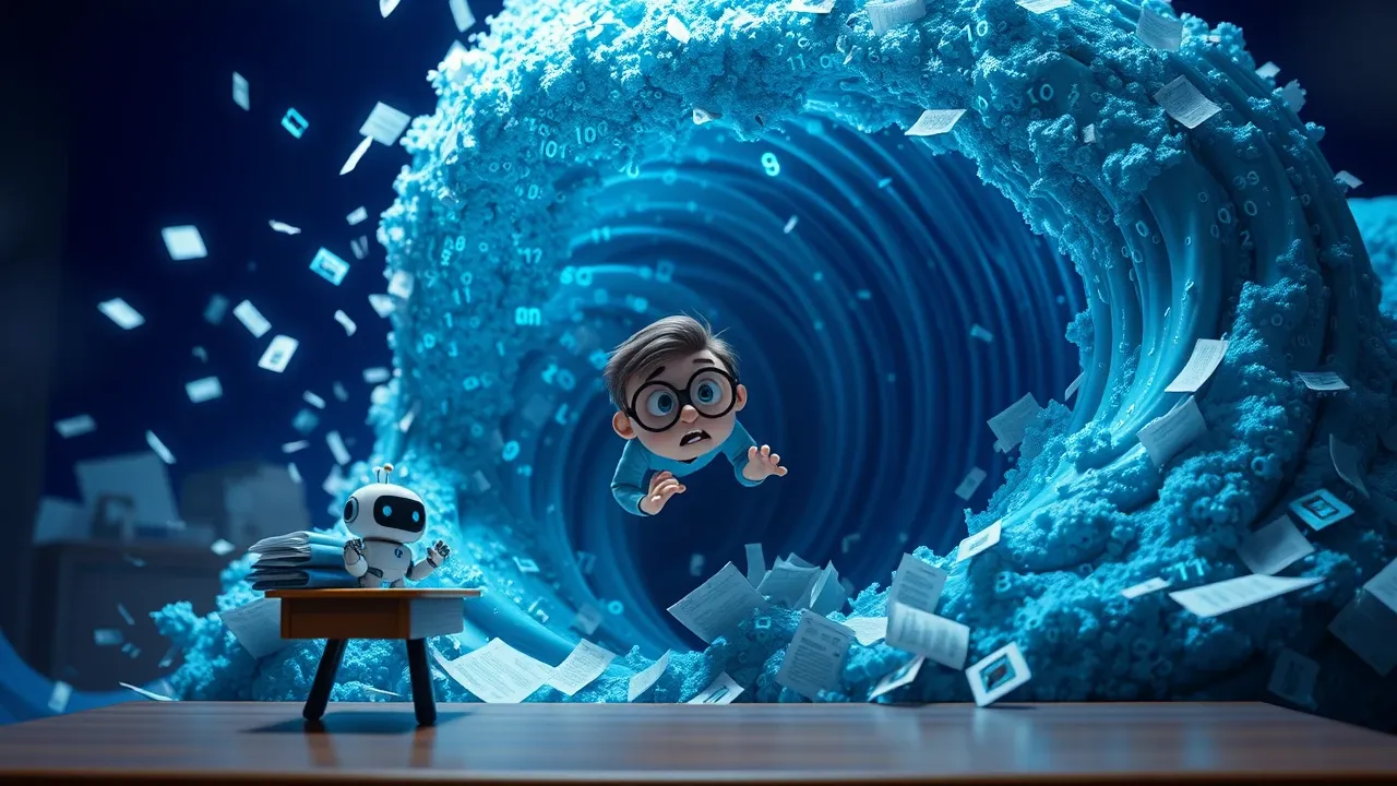 Desenvolvedor Pixar soterrado por tsunami de papéis e robôs IA carregando documentos em cena cômica dramática