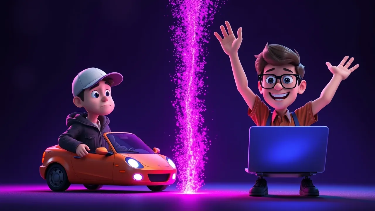 Personagem Pixar transformando-se de motorista de Uber em desenvolvedor de apps com triunfo e energia