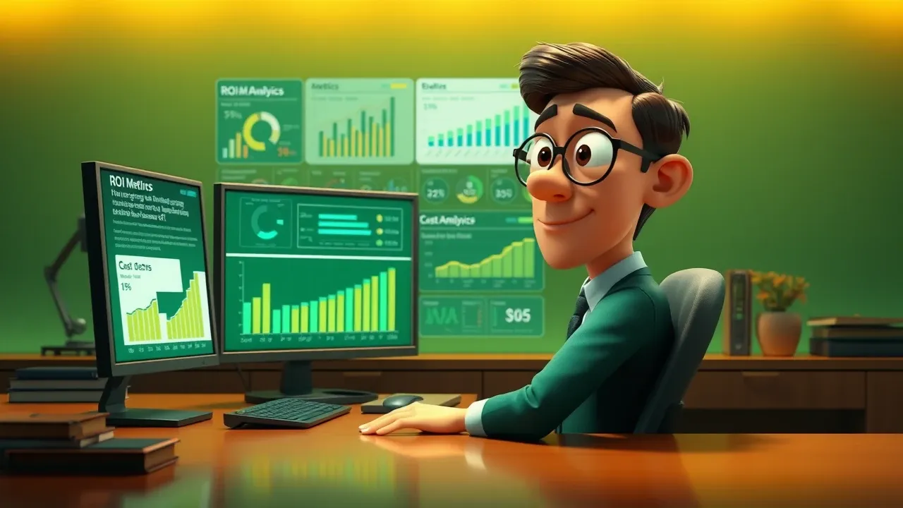 Profissional analisando métricas de custo e eficiência de processos empresariais com inteligência artificial em dashboard corporativo