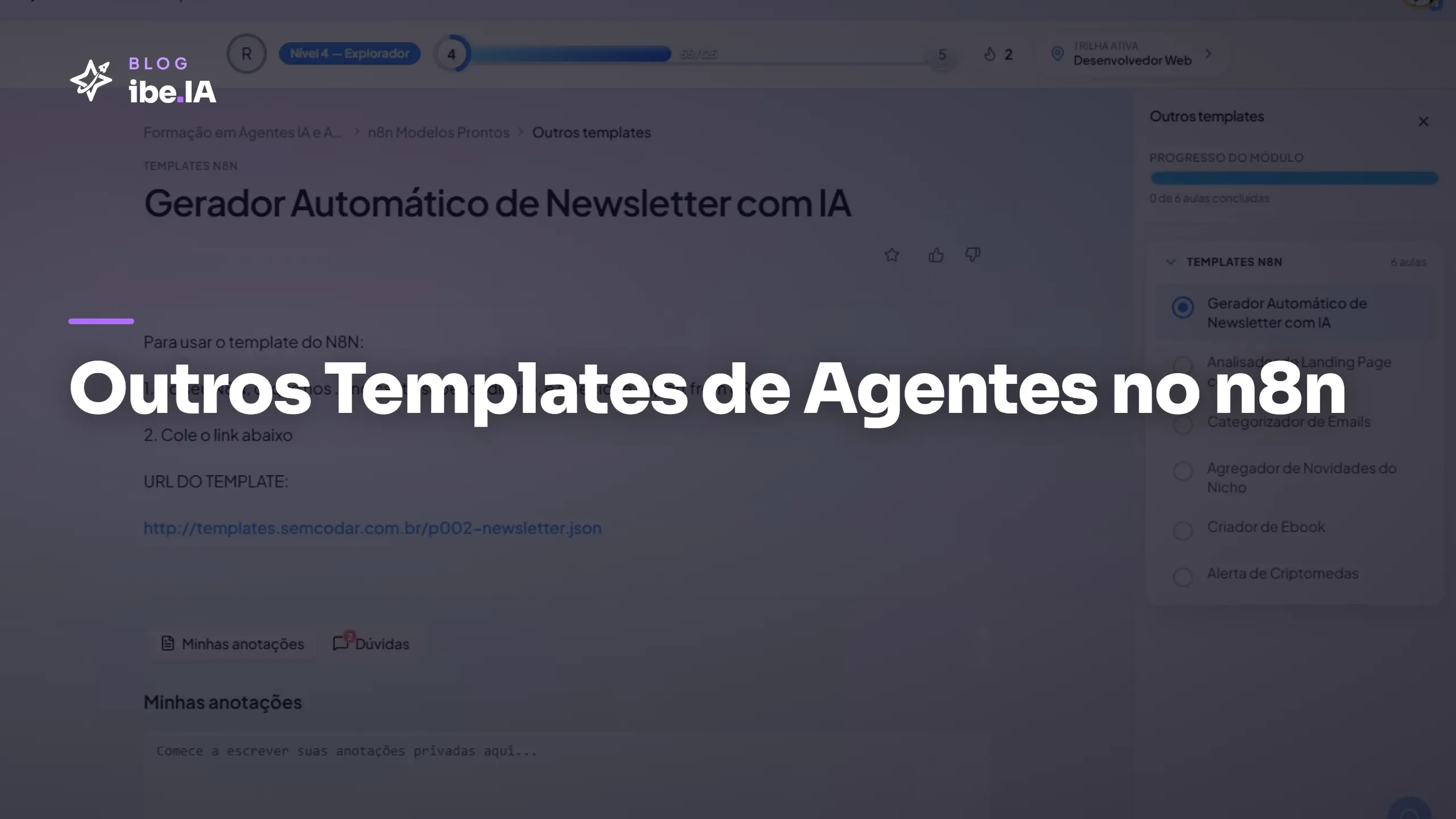 Capa do módulo Outros Templates do n8n na plataforma do ibe.IA, mostrando o template de Newsletter com as instruções de importação por URL.