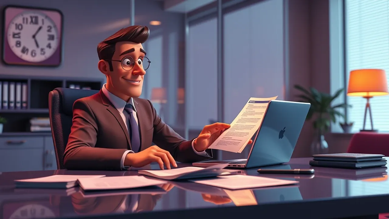 Pessoa em escritório moderno analisando documentos de proposta comercial em tela, cena em estilo Pixar 3D com iluminação quente