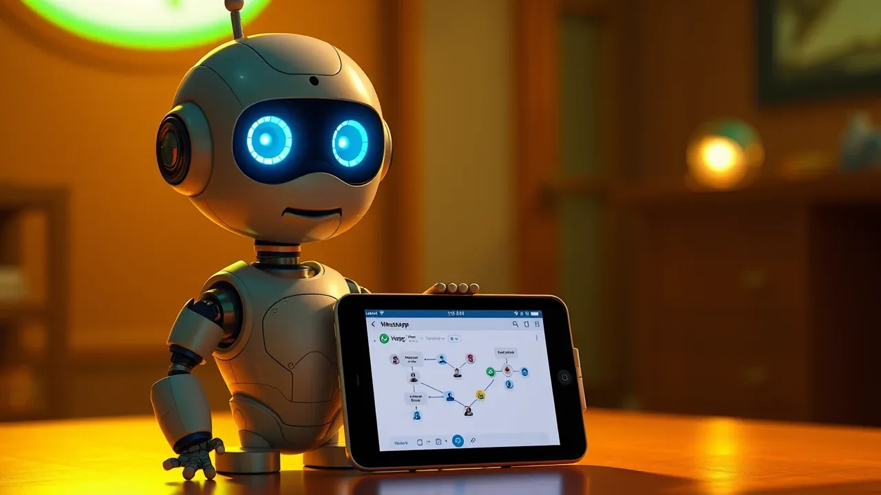 Representação de assistente digital inteligente interagindo com múltiplos canais de comunicação em ambiente tecnológico moderno