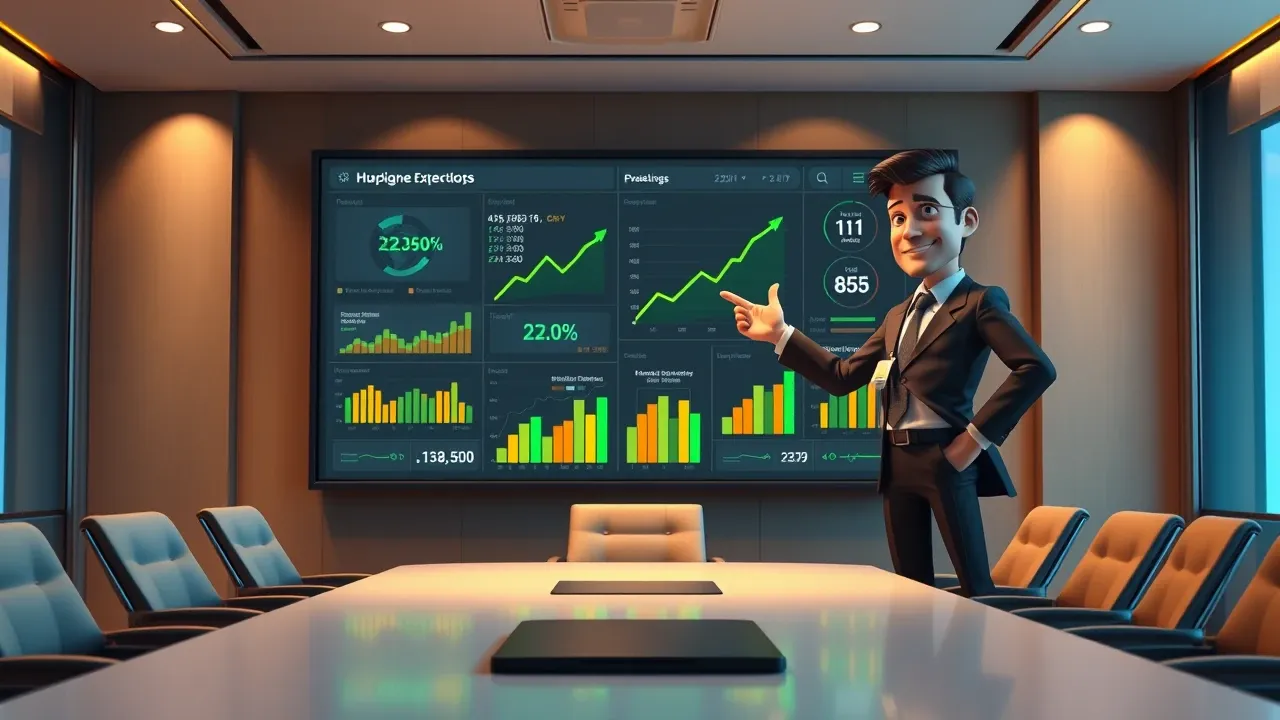 Representação de dashboard executivo mostrando métricas financeiras de IA em ambiente corporativo moderno