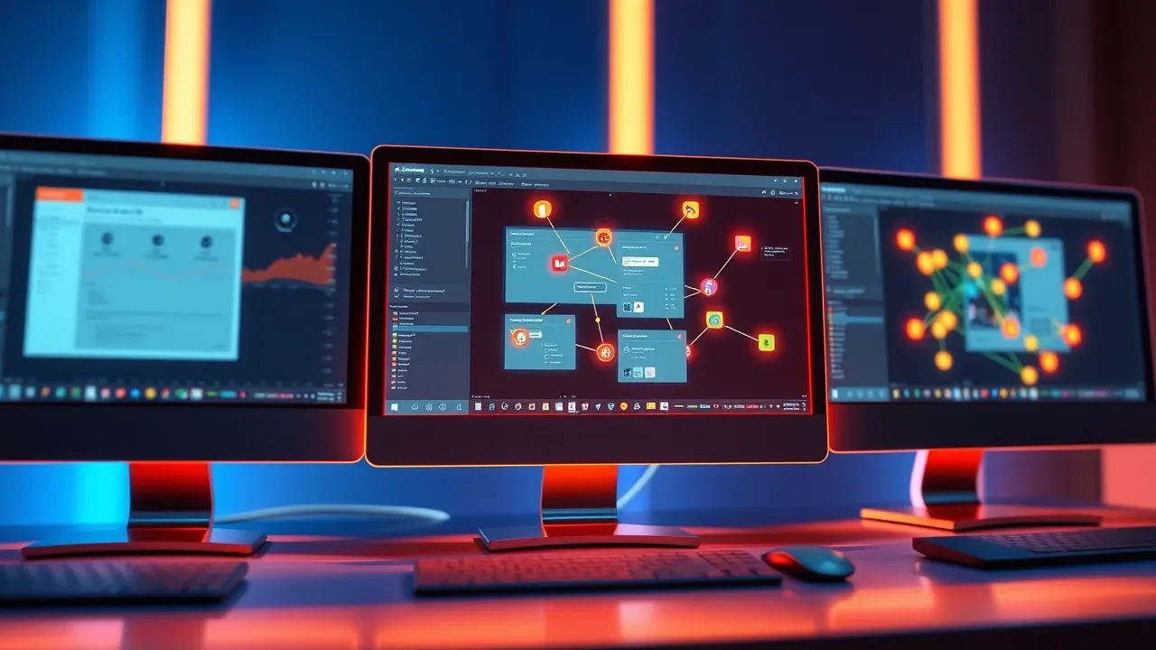 Três plataformas de automação lado a lado em telas de computador, estilo Pixar 3D