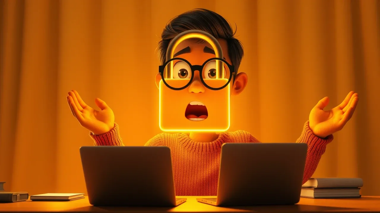 Criador com expressão de choque ao ver um cadeado dourado emergir da tela do laptop