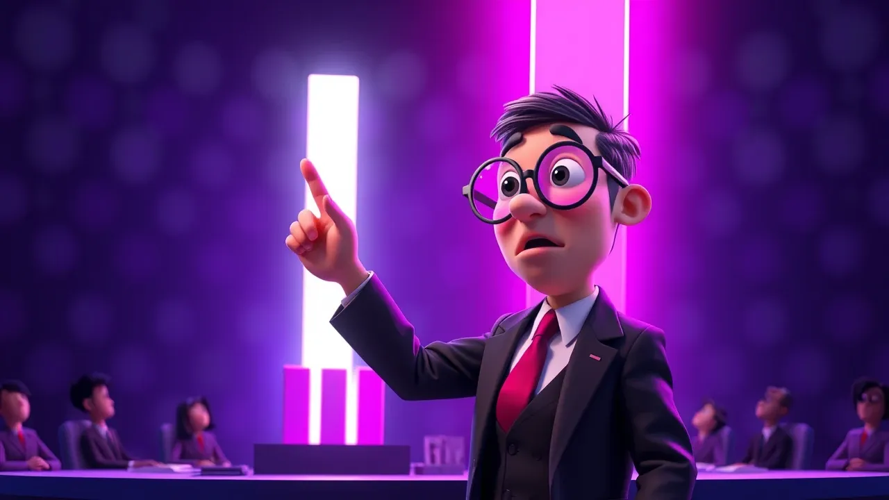Personagem Pixar 3D de executivo Pixar olhando para uma gráfico enorme que sobe dramaticamente, enquanto métricas menores na base mostram onde todos estão olhando, iluminação violet dramática low-angle