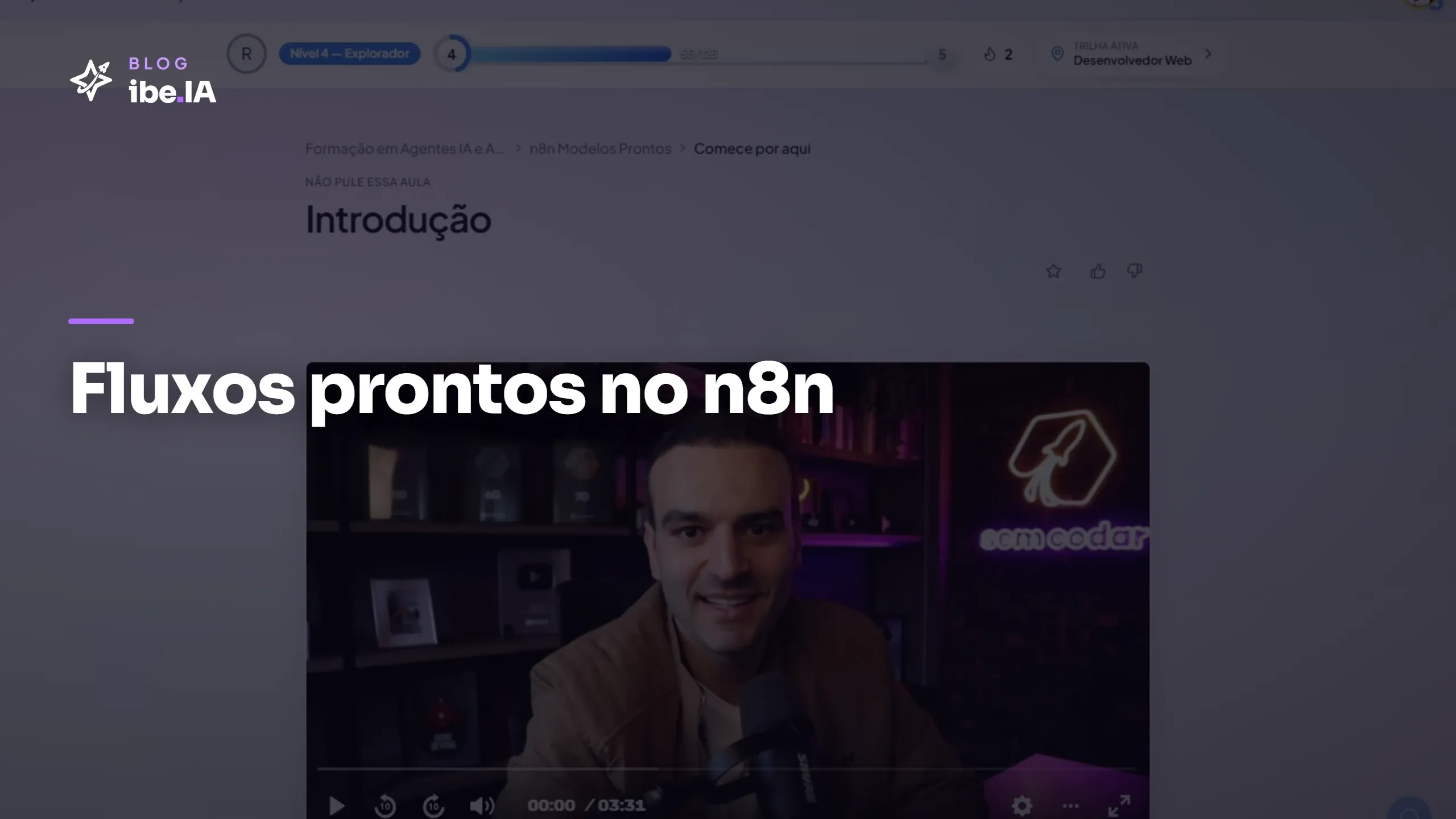 Capa do módulo Modelos Prontos do n8n na plataforma do ibe.IA com o player de vídeo e as instruções iniciais do curso.