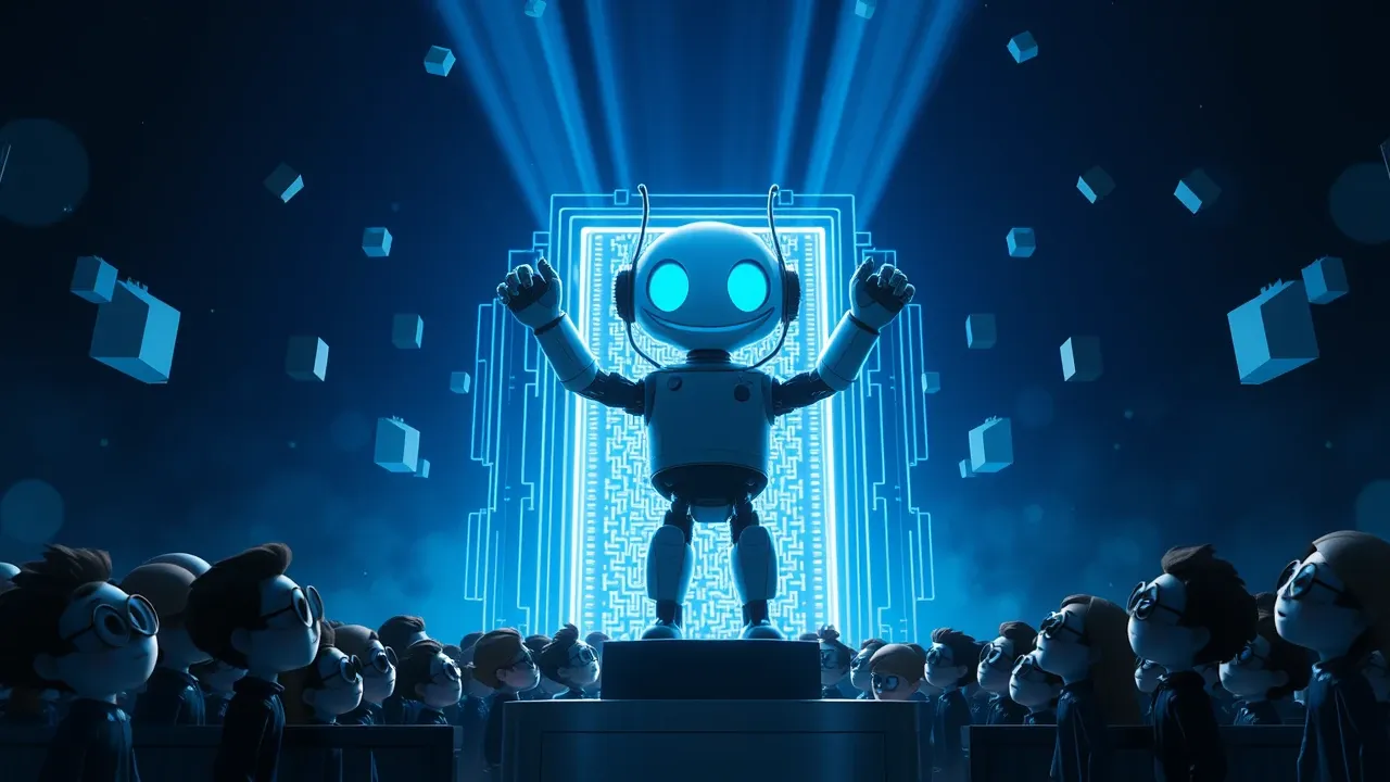 Robô cartoon Pixar 3D bloqueado por barreira luminosa azul enquanto desenvolvedores observam ao fundo