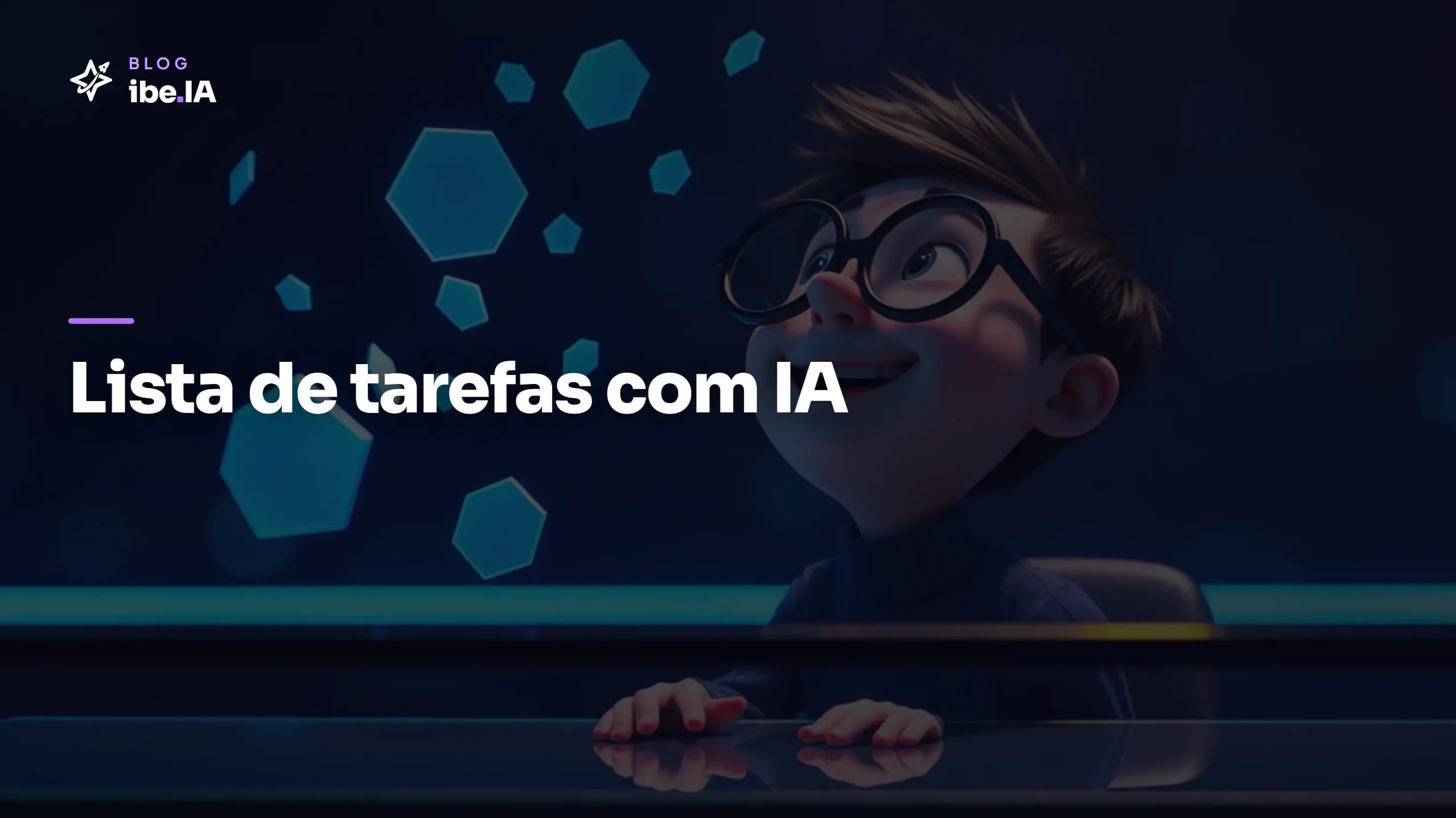 Lista de tarefas digital sendo reorganizada por assistente de IA em ambiente futurista azul