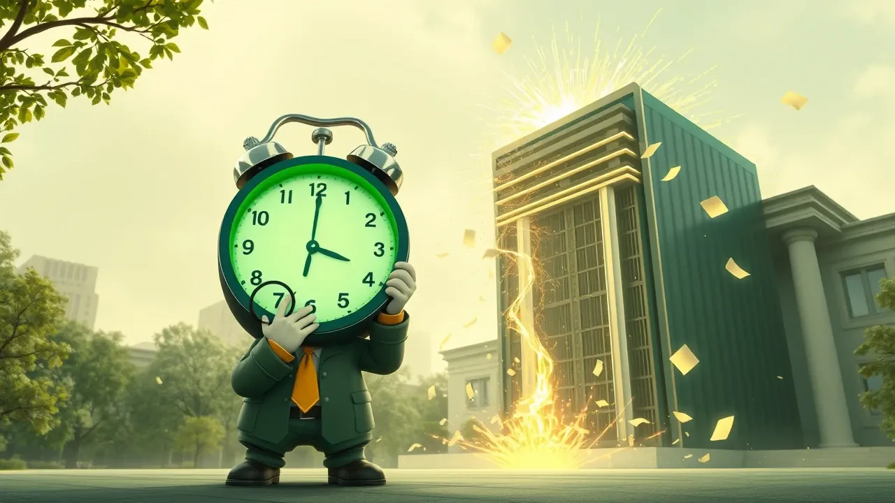 Personagem cartoon de funcionário do governo segurando um relógio contando 90 minutos enquanto servidores de IA ao fundo se desligam com efeitos teatrais