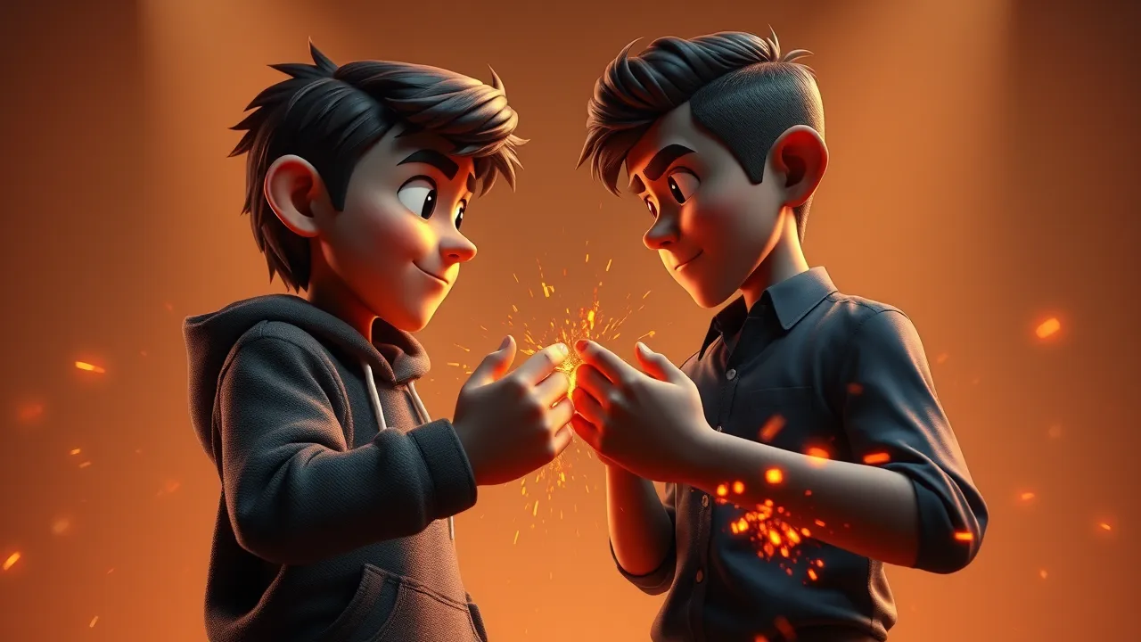 Dois personagens de criador de software em estilo Pixar 3D em duelo teatral, com partículas alaranjadas voando entre eles.