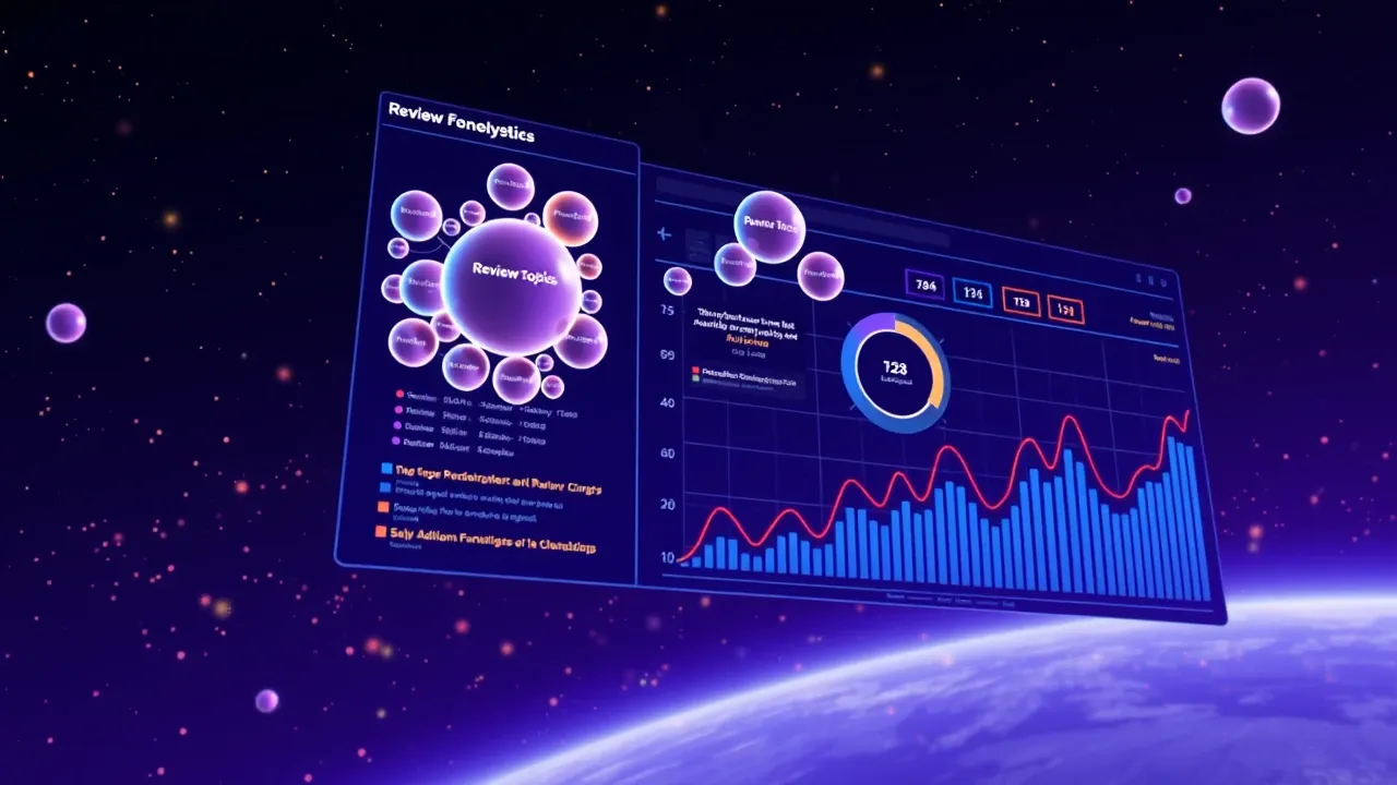 Painel de análise de reviews em estilo Pixar 3D, com gráficos de bolhas mostrando clusters de temas, fundo roxo escuro com elementos flutuantes coloridos