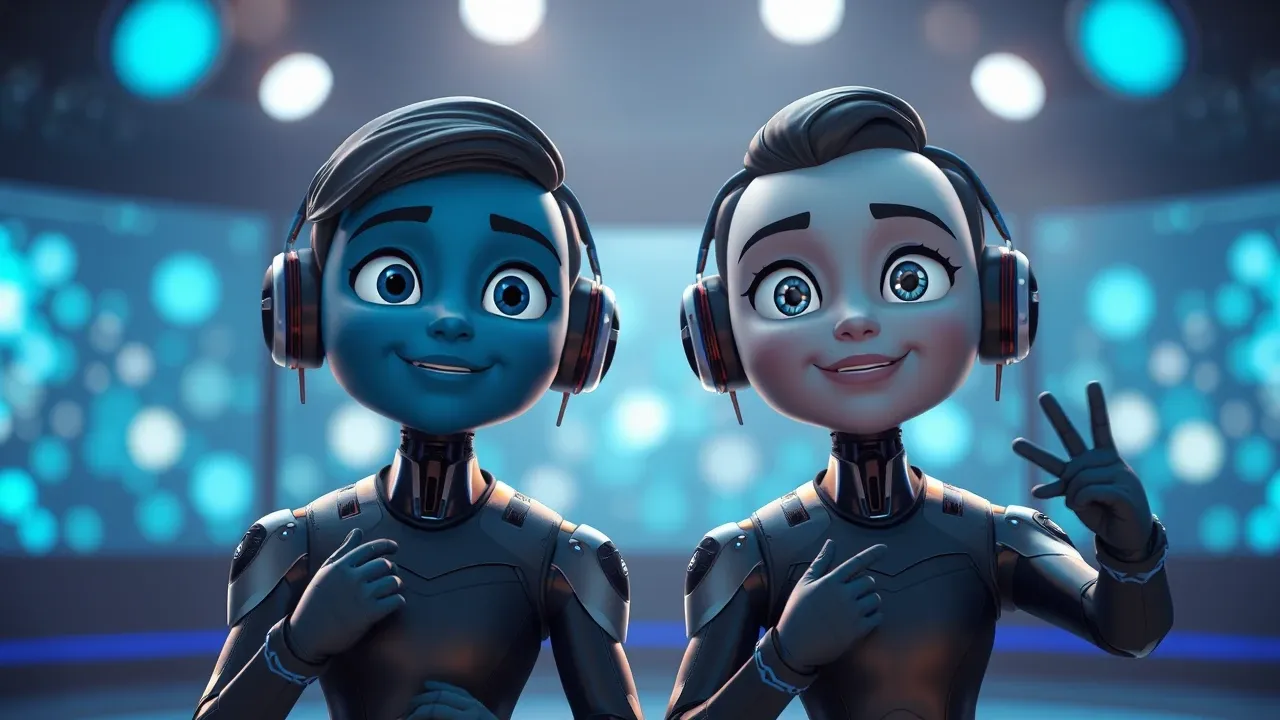 Dois apresentadores de avatar IA em estúdios virtuais lado a lado, em cenário cinematográfico azul dramático