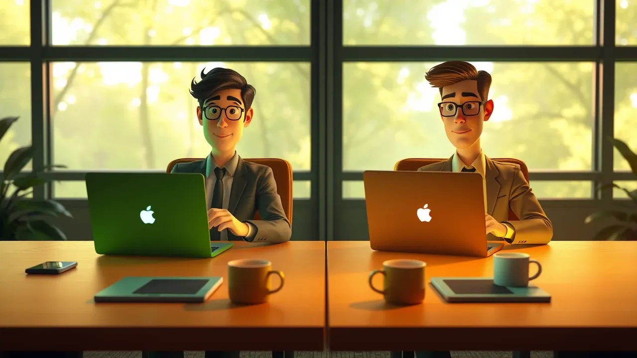 Dois personagens Pixar 3D sentados em mesas de trabalho opostas, um com interface ChatGPT verde, outro com interface Claude violeta, expressões de concentração teatral, iluminação sage emerald dramática