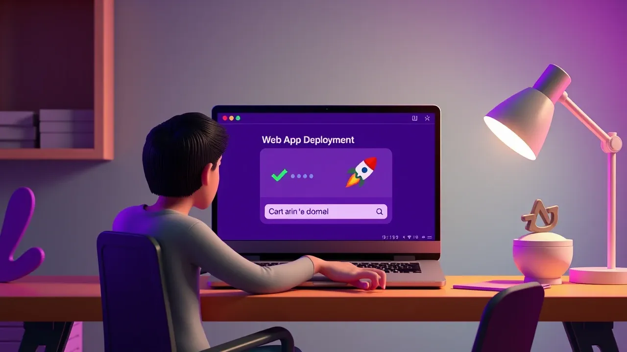 Representação de desenvolvedor publicando aplicativo web em plataforma moderna com ícones de deploy e domínio