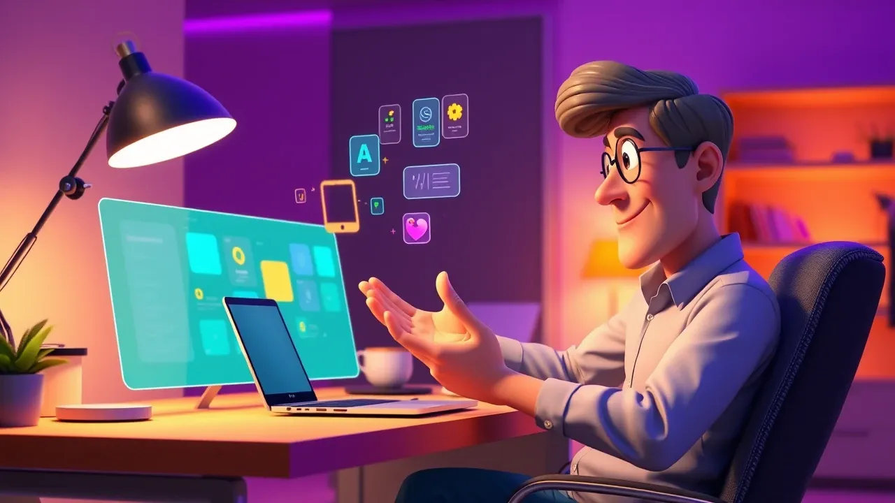 Pessoa criando aplicativo em computador com interface de IA, estilo animação Pixar 3D