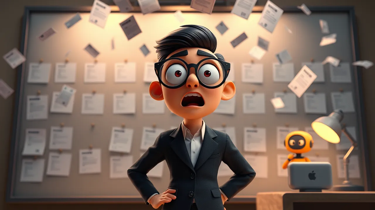 Personagem cartoon de RH com cara surpresa olhando placa vazia onde antes tinha vagas de engenharia, papéis voando, expressão teatral de pânico cômico