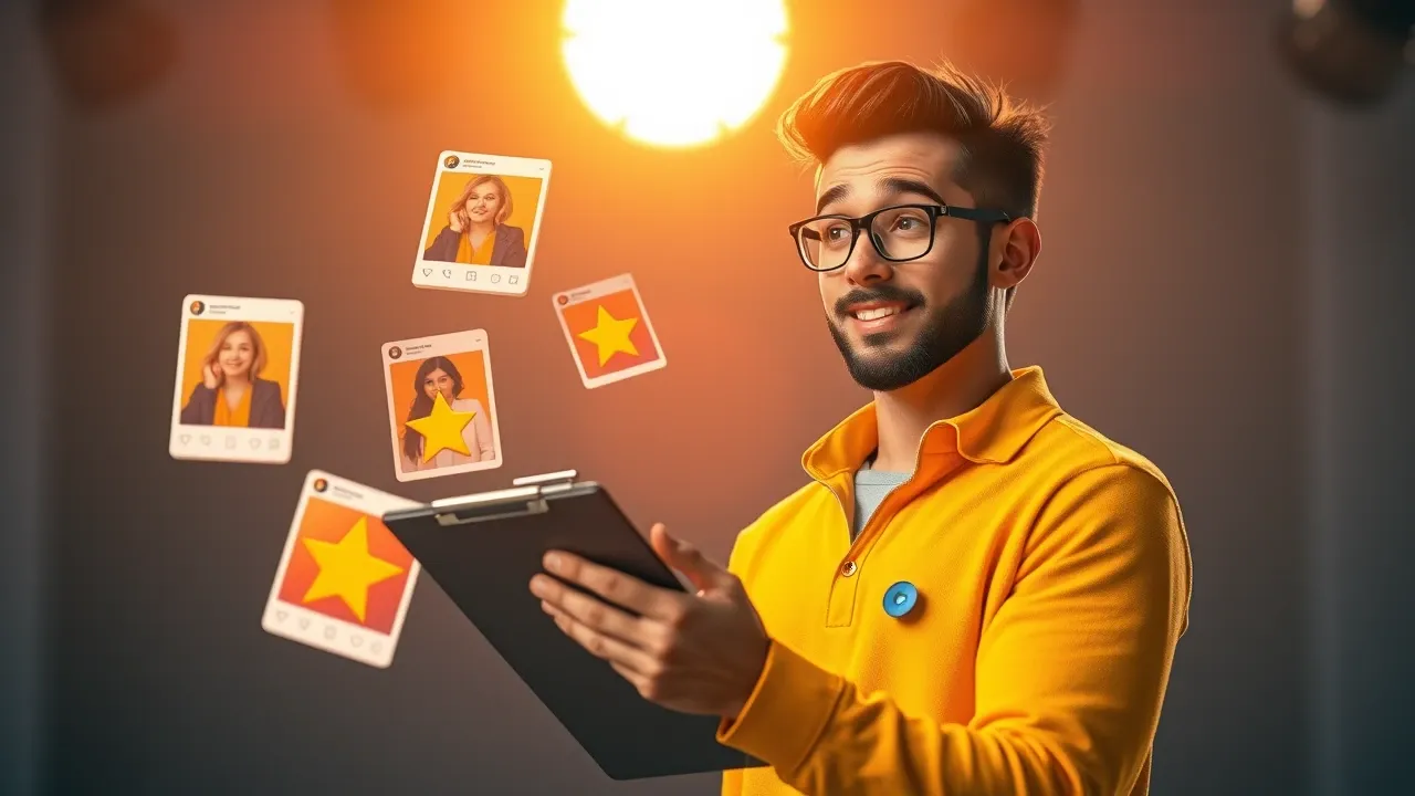 Diretor criativo avaliando posts de Instagram com estrelas de avaliação flutuando