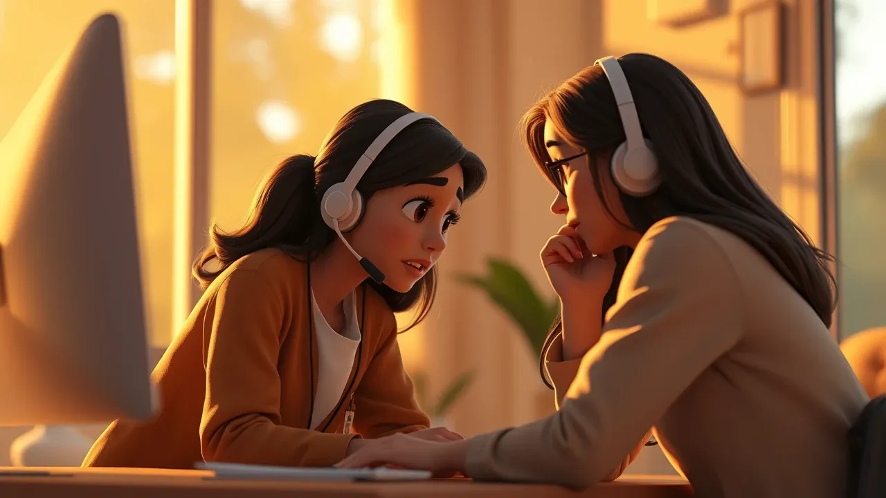 Ilustração de atendente humano resolvendo caso complexo com empatia no estilo Pixar 3D
