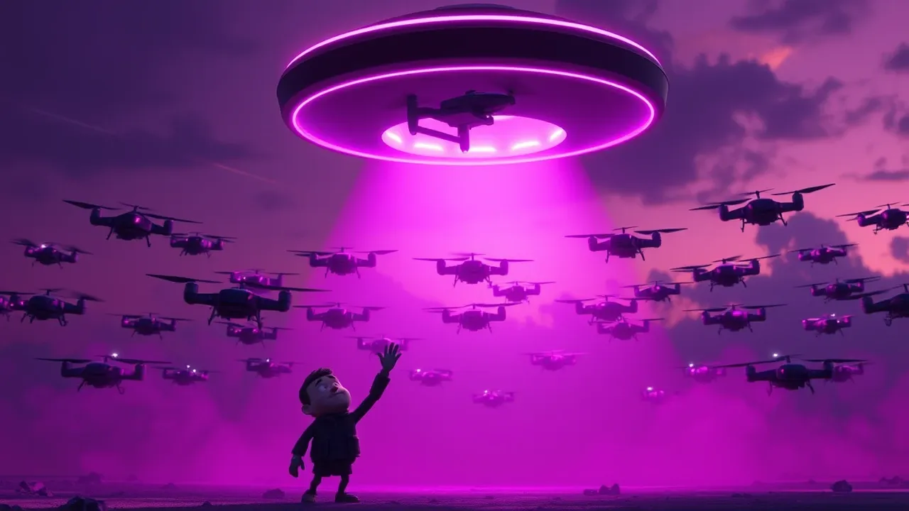 Cena Pixar dramática de robôs sendo paralisados por campo de força violeta com personagem em posição de proteção