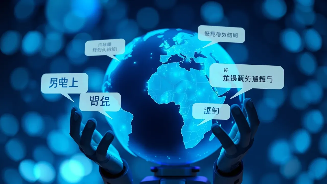 Globo terrestre digital com linhas de conexão entre países, cores azuis e elétricas, avatar IA falando em diferentes idiomas