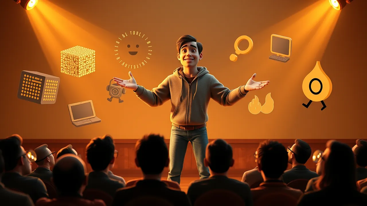 Personagens cartoon de criadores em um palco gigante celebrando o anúncio do Google I/O 2026 com luz dourada dramática