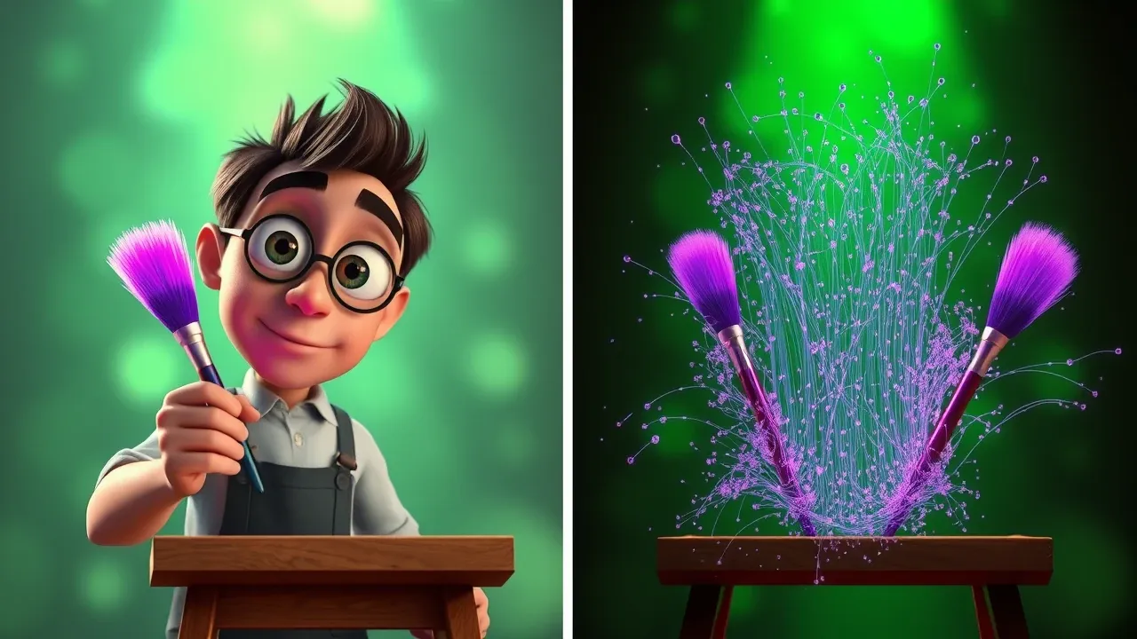 Artista Pixar aplicando camadas de detalhe em tela digital com pincéis de luz violeta, resultado visível ao lado