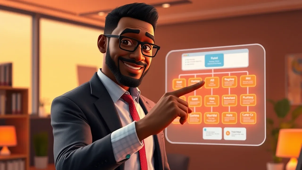 Ilustração de um atendimento com IA falhando por falta de critério, no estilo Pixar 3D com tons quentes