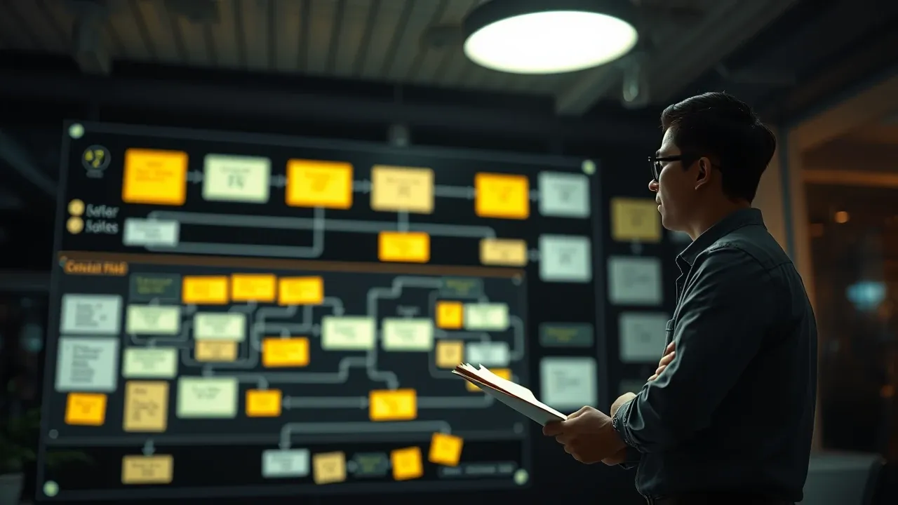 Consultor e empresário analisando mapa de processos em sala moderna
