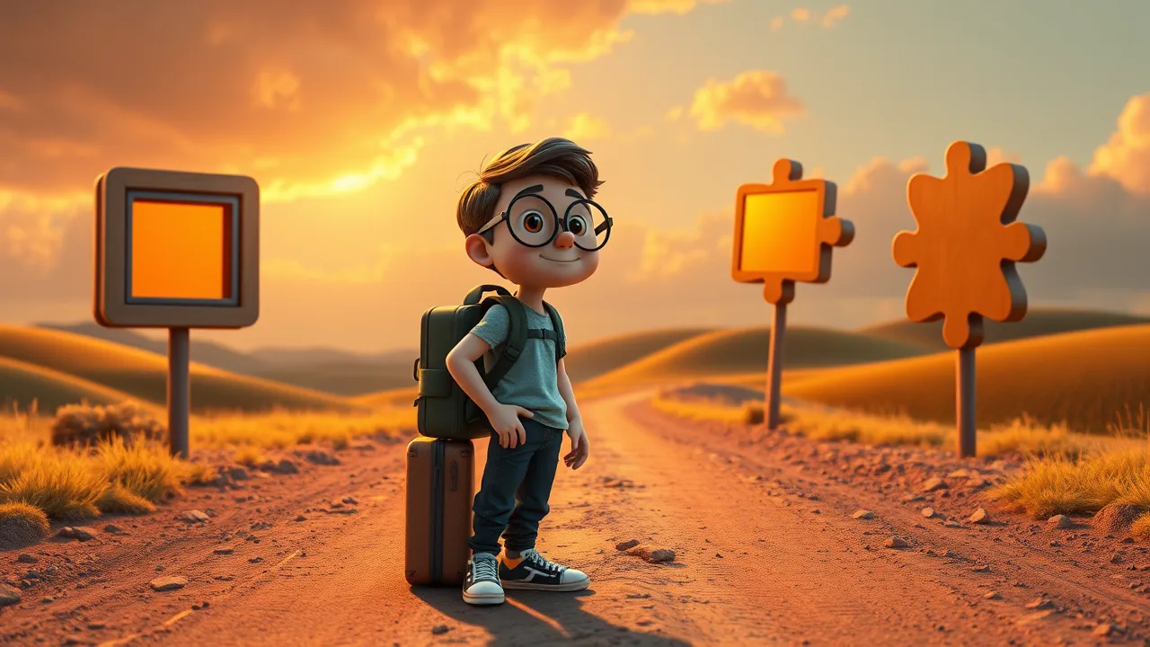 Personagens cartoon parados em uma encruzilhada com placas estilizadas apontando direções diferentes sob luz quente teatral
