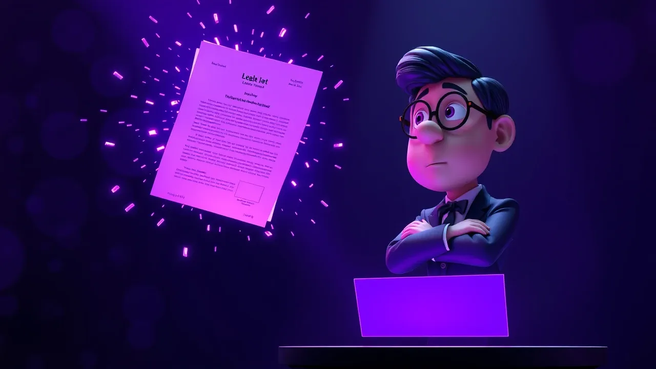 Documento jurídico Pixar 3D se formando no ar a partir de partículas de luz violet, advogado observando com expressão de satisfação, cena dramatizada