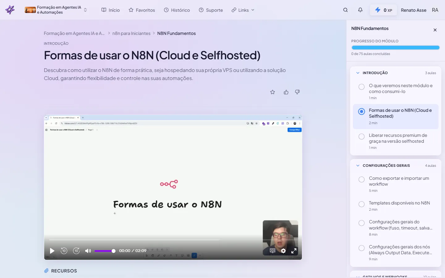 Aula do módulo Fundamentos do n8n aberta na plataforma, com vídeo e descrição lado a lado.