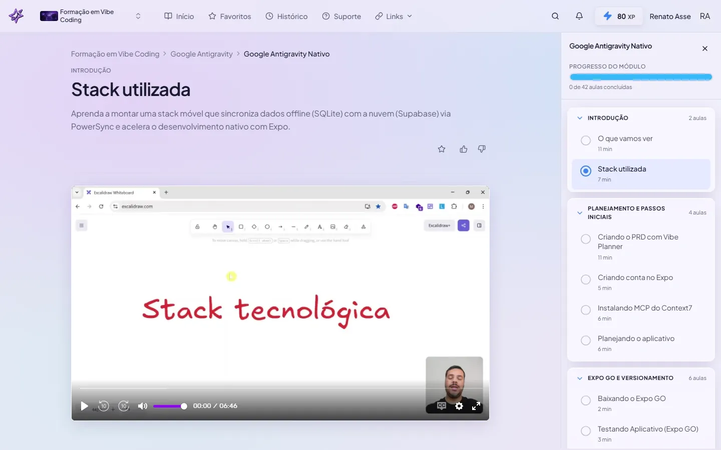 Aula Stack utilizada do módulo Antigravity Nativo, explicando a combinação de Expo, Supabase via MCP e PowerSync para sync offline
