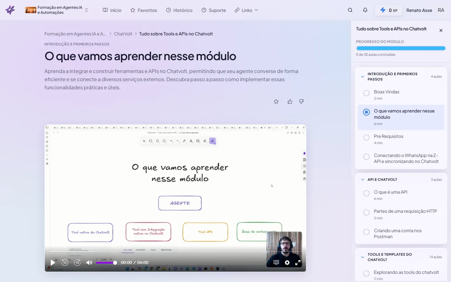 Primeira aula do módulo de Tools e APIs no ChatVolt mostrando a visão geral do conteúdo