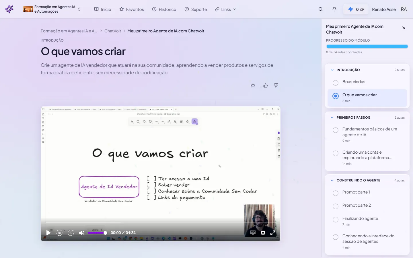 Sumário do módulo Meu Primeiro Agente IA com ChatVolt no curso ibe.IA, com 14 aulas organizadas em 6 blocos