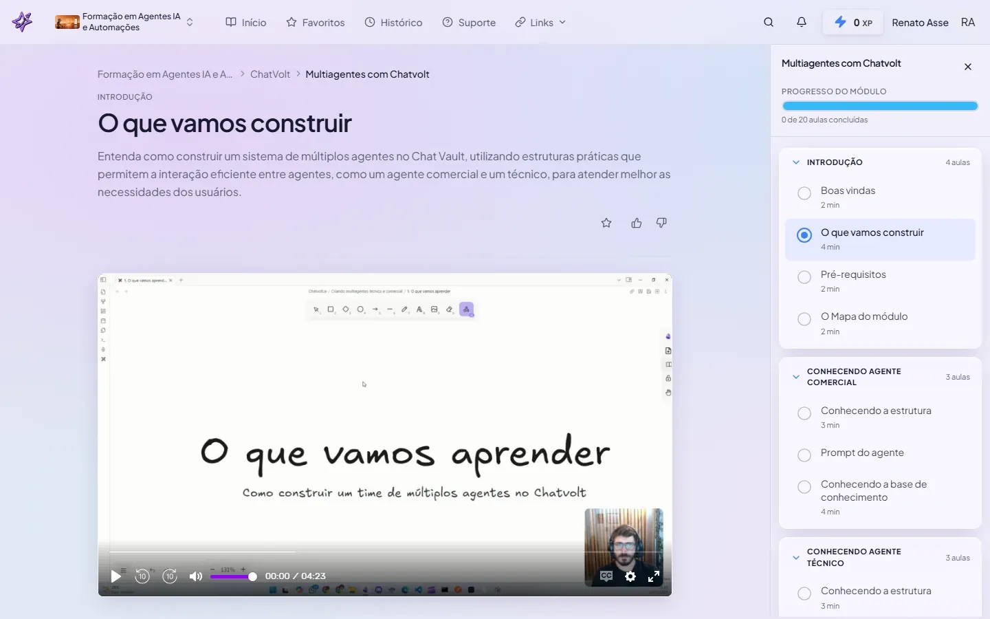 Primeira aula do módulo mostrando o que vamos construir: a estrutura de multiagentes comercial e técnico no ChatVolt