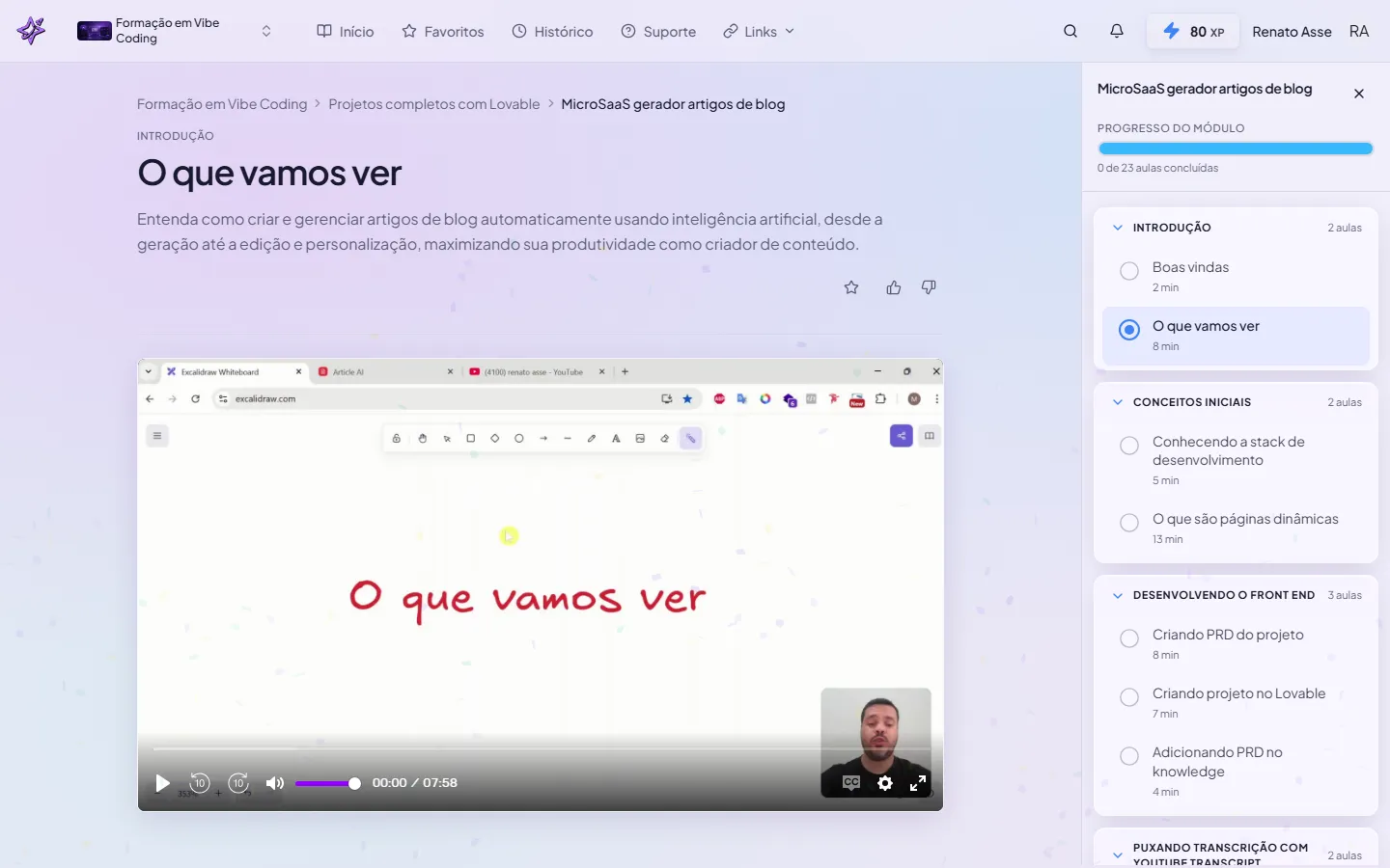 Sumário do módulo MicroSaaS Gerador de Artigos no Lovable dentro do curso ibe.IA, mostrando as 23 aulas divididas em 8 blocos