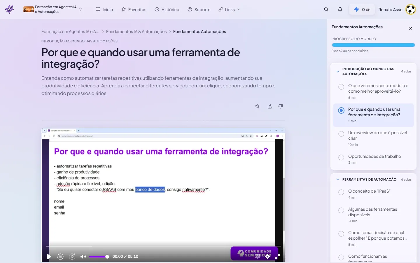 Print da primeira aula do módulo Fundamentos Automações no ibe.IA, mostrando conteúdo e lista de lições
