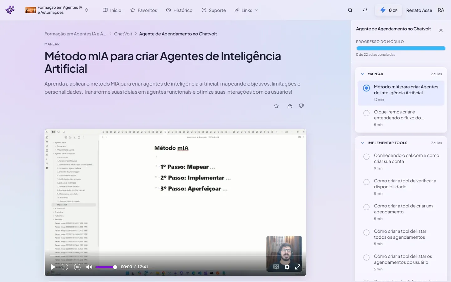 Tela inicial do módulo Agente de Agendamento no ChatVolt no curso ibe.IA