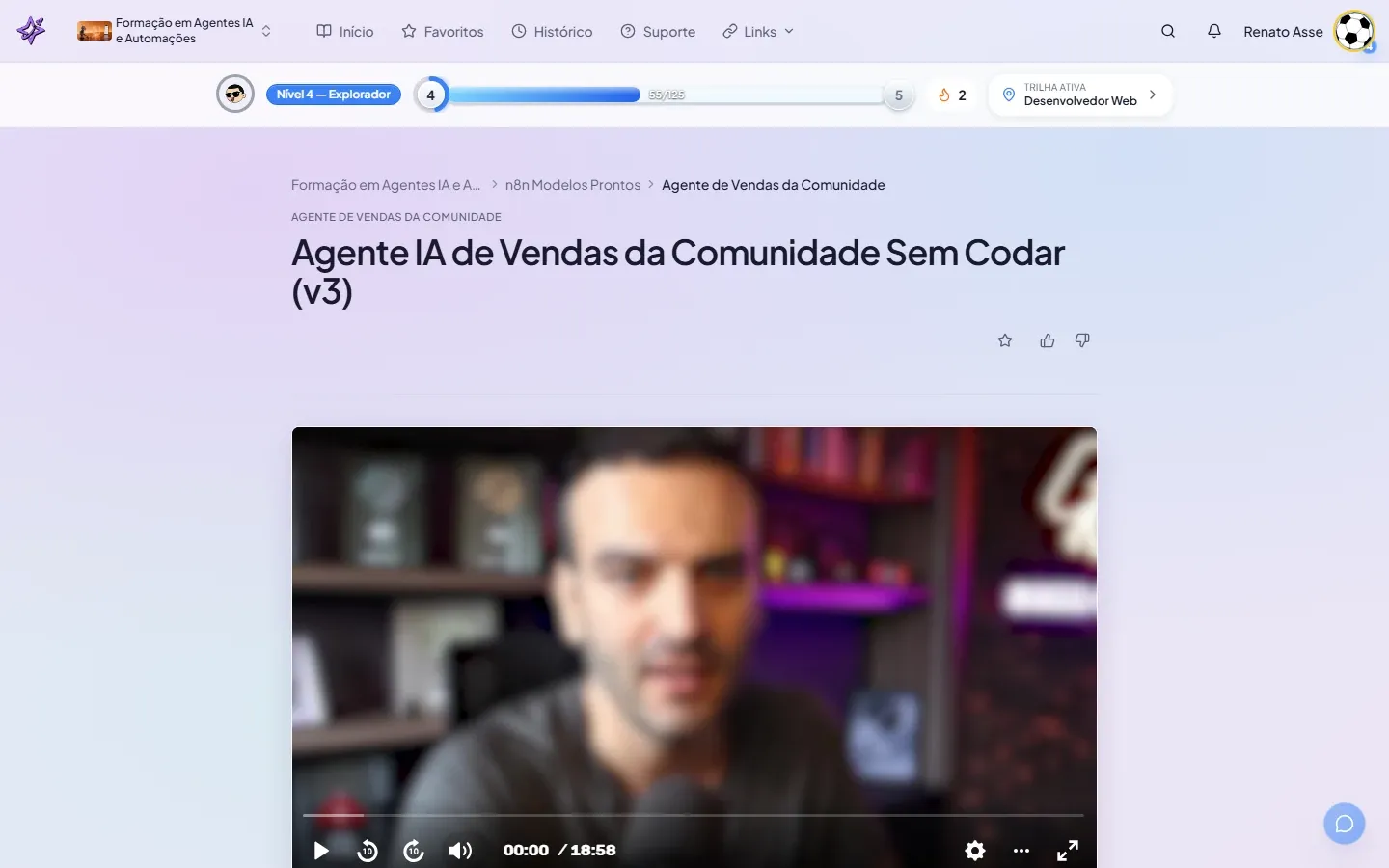 Módulo Template Agente de Vendas da Comunidade no painel do curso ibe.IA, mostrando os três arquivos JSON disponíveis para download