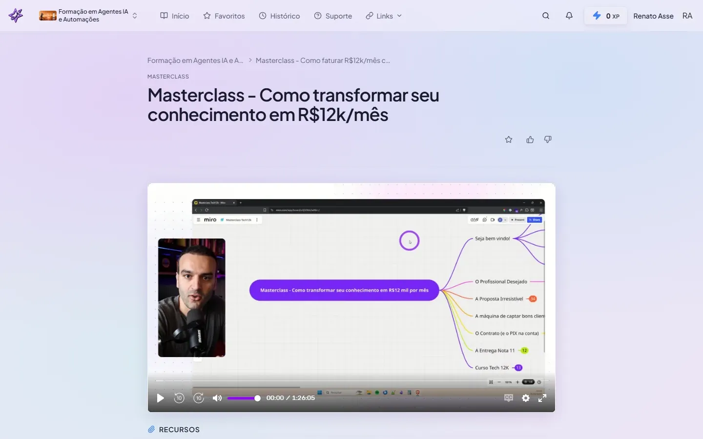 Screenshot da masterclass na plataforma do ibe.IA, mostrando o mapa mental no Miro com os tópicos: O Profissional Desejado, A Proposta Irresistível, A máquina de captar bons clientes, O Contrato e A Entrega Nota 11
