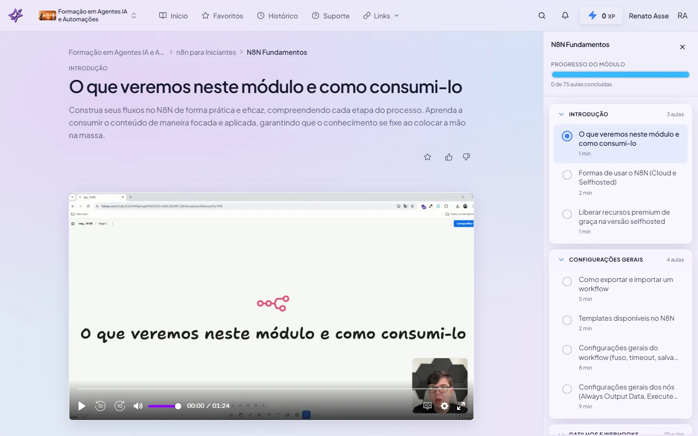 Capa do módulo Fundamentos do n8n na plataforma do ibe.IA, com os blocos de aulas listados ao lado.