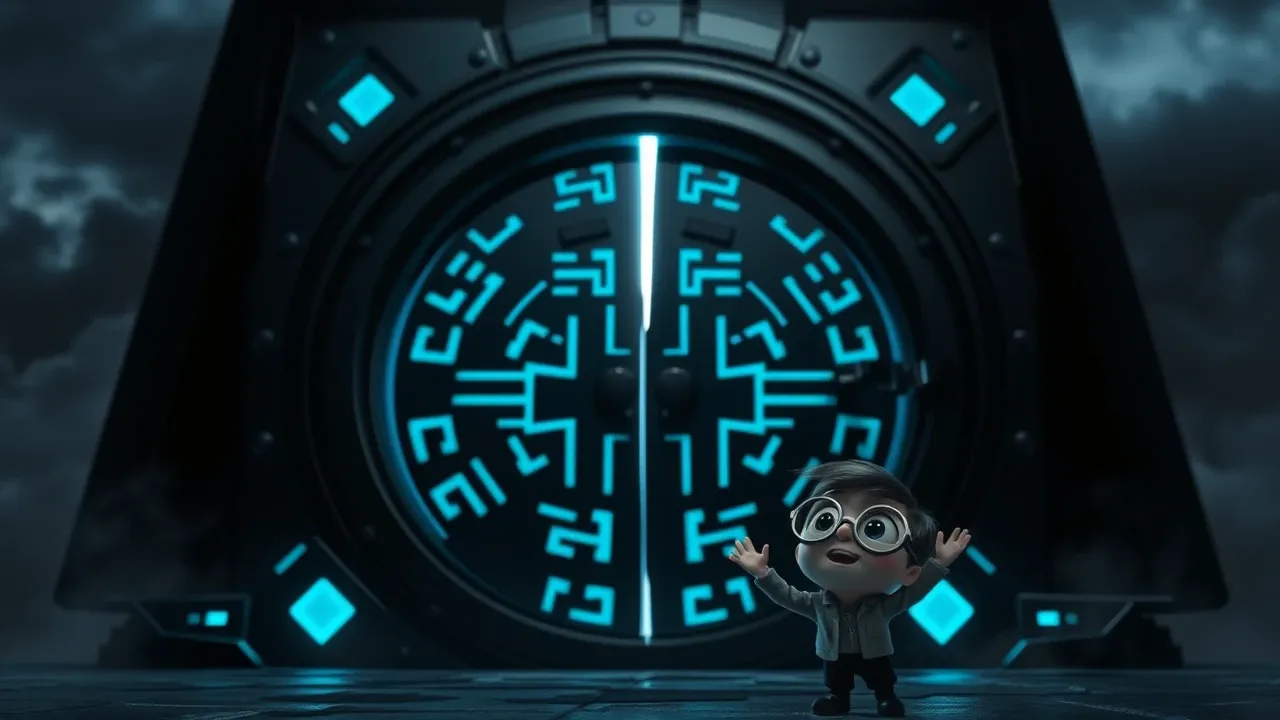 Cena Pixar de uma porta de cofre obsidiana gigante se abrindo com feixes de luz cyan escapando dramaticamente