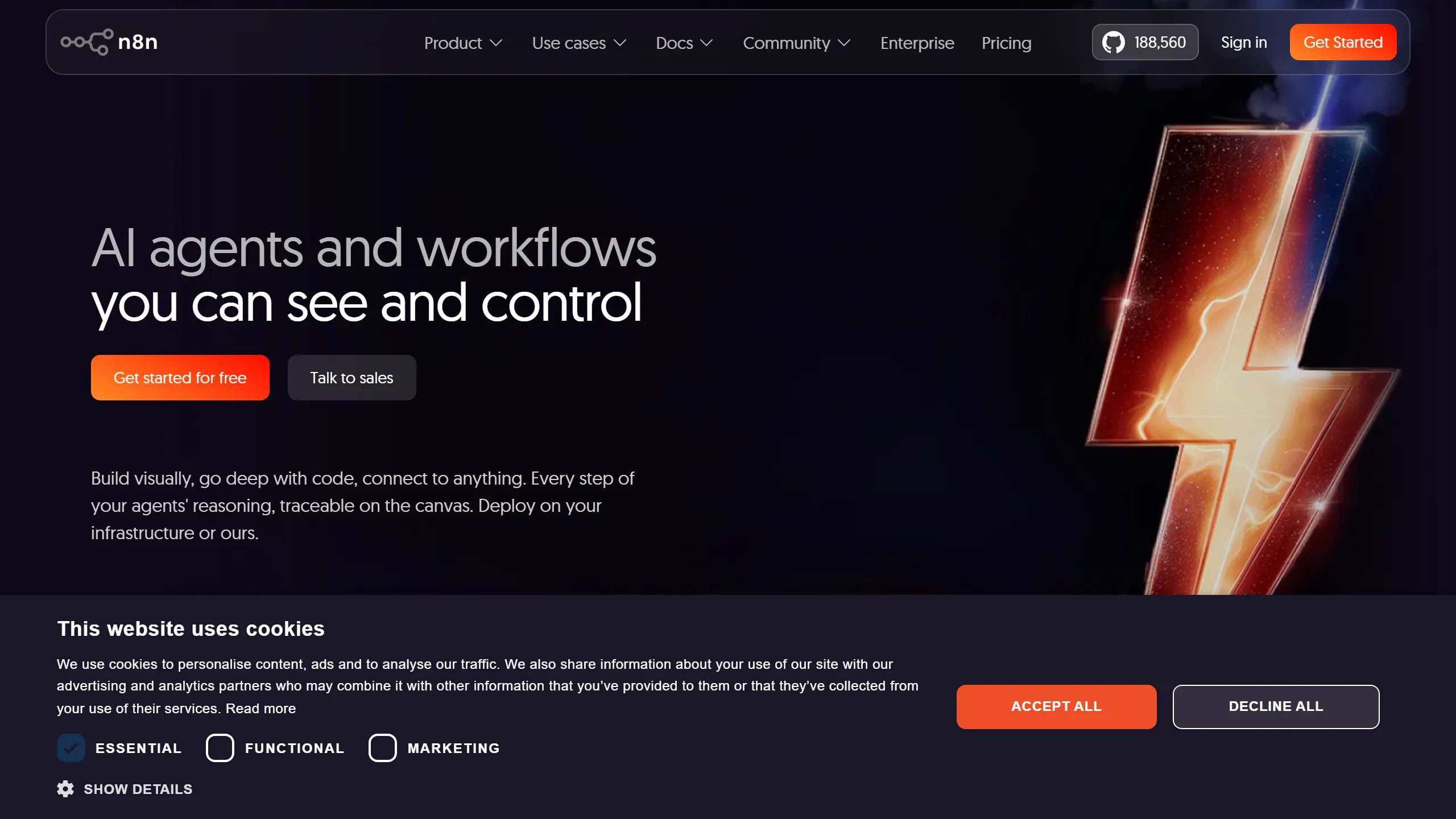 Print da home do n8n.io mostrando o posicionamento de workflow automation open-source