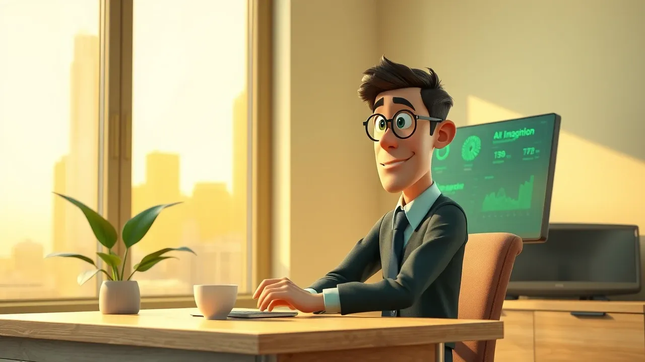 Personagem empresarial Pixar 3D com expressão de determinação focada olhando tela holográfica verde com visualizações de dados, luz solar dourada entrando por janela ao fundo