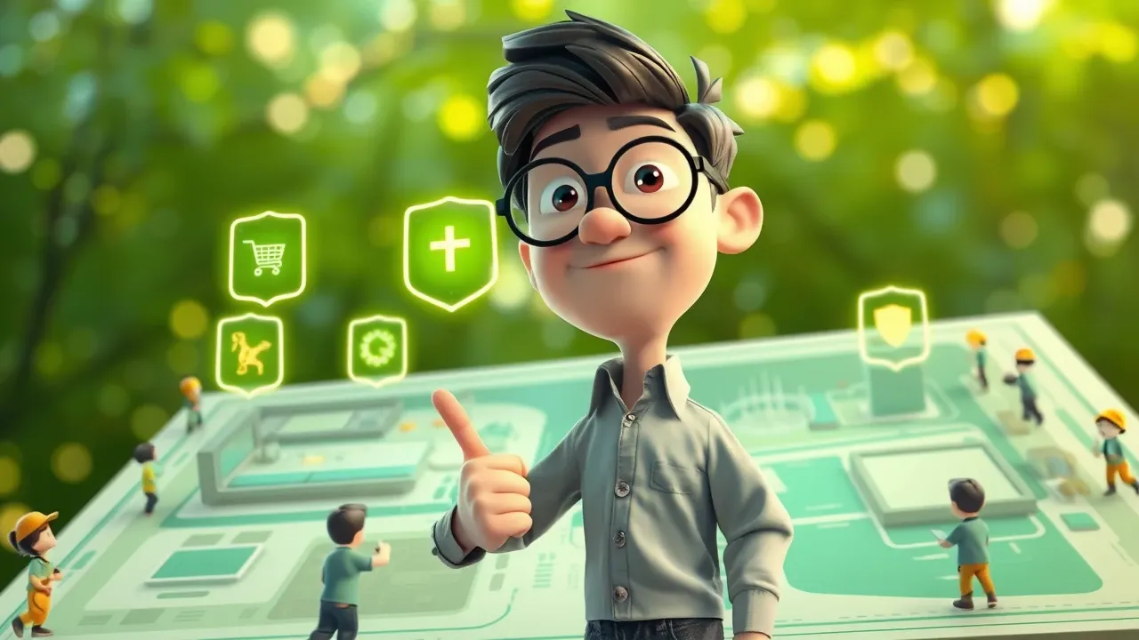 Empreendedor Pixar 3D apontando para mapa de negócios com ícones de IA flutuando sobre departamentos, expressão estratégica, luz esmeralda